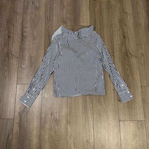 J.Crew Goldie Satin Top WMNS XS Navy White Striped Long Sleeve Ruffle Tie Neck - Picture 7 of 8